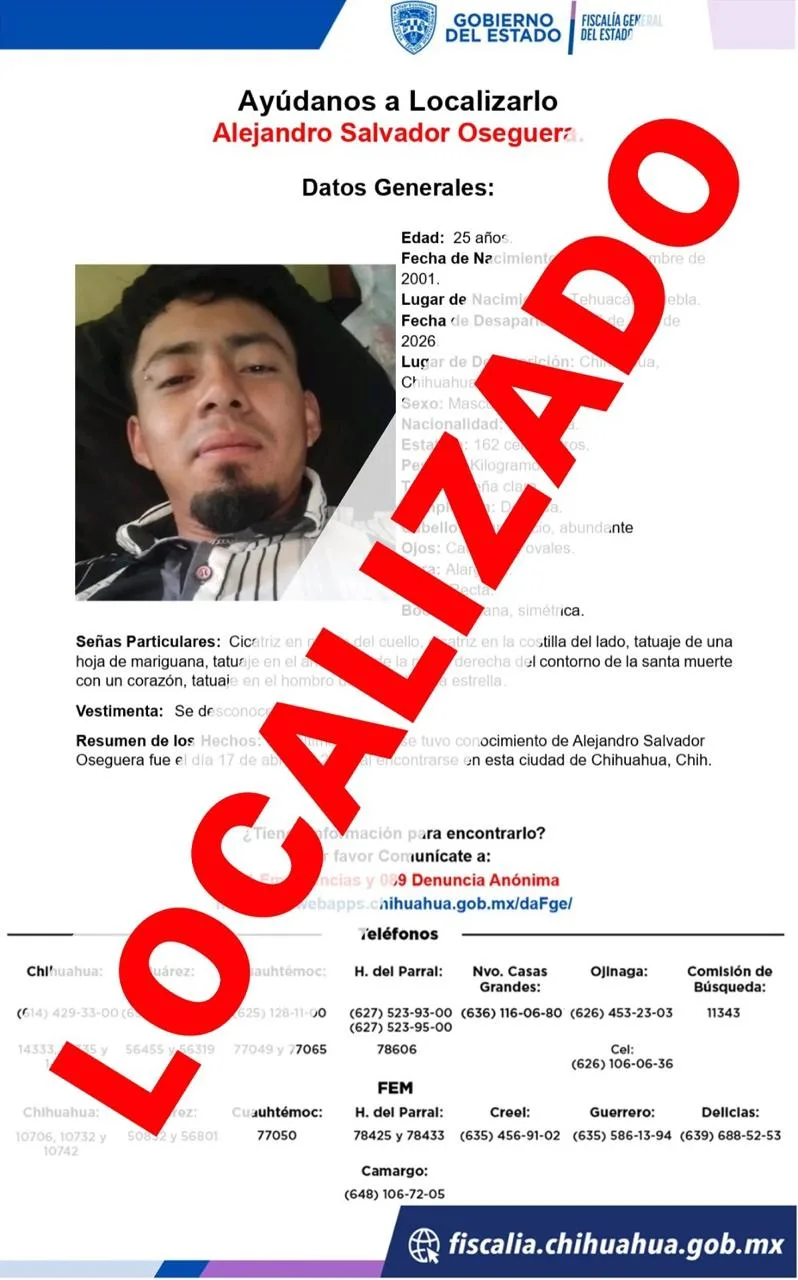 Fiscalía localiza a dos adolescentes y un adulto reportados como ausentes en Chihuahua