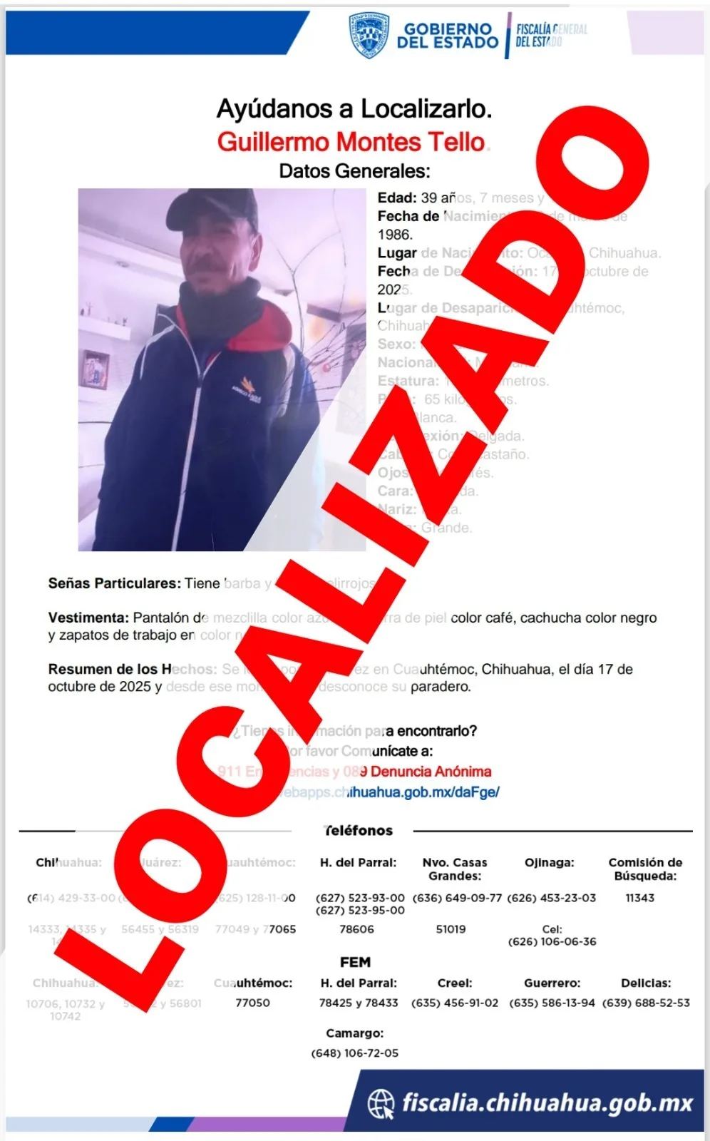 Hombre reportado desaparecido en Cuauhtémoc fue hallado trabajando en Delicias