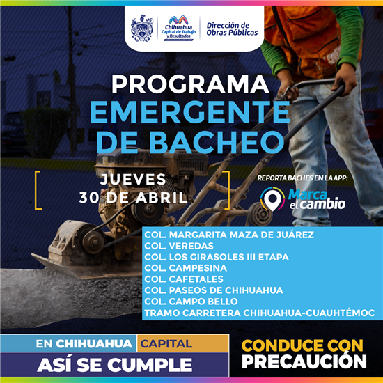 Bacheo en ocho zonas de Chihuahua este jueves 30 de abril