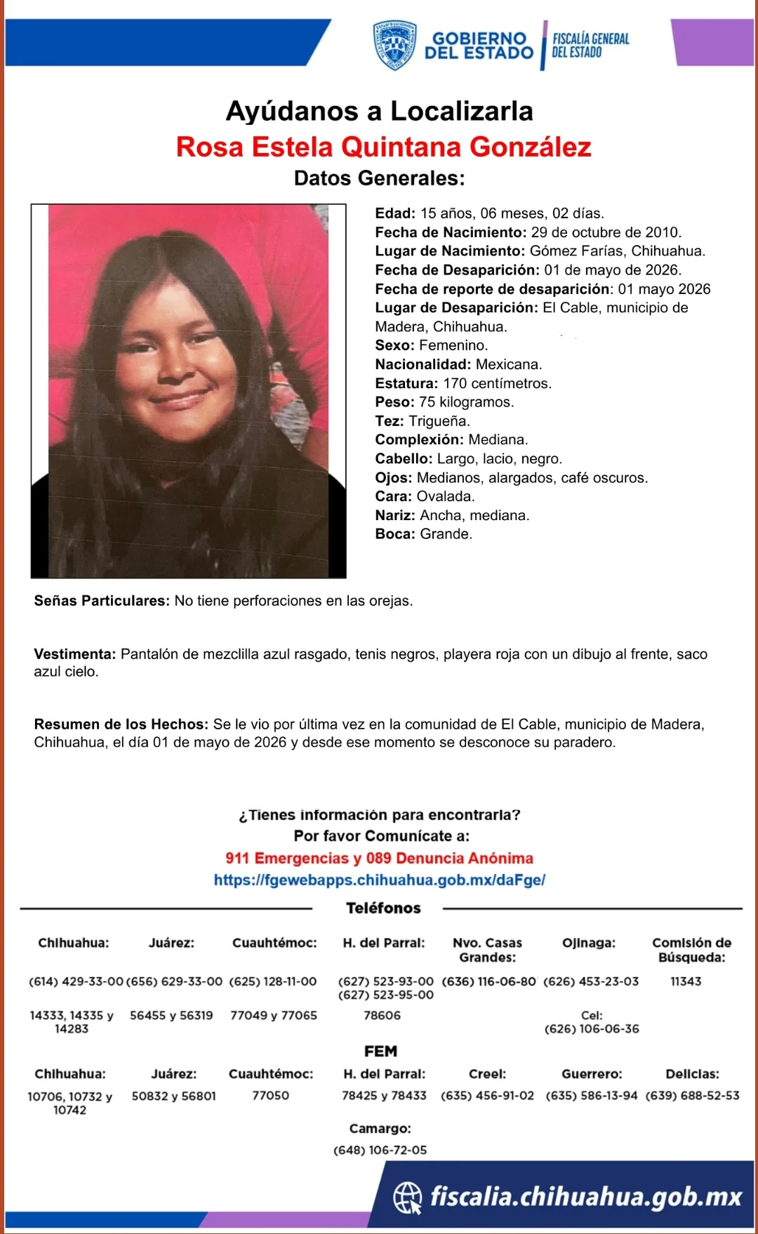 Buscan a Rosa Estela, desaparecida en Madera, Chihuahua