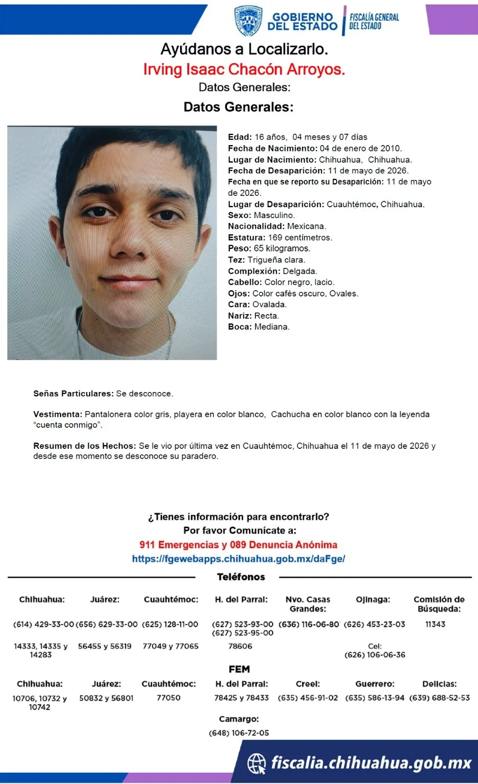 Buscan a Irving Isaac Chacón Arroyos, menor de 16 años desaparecido en Cuauhtémoc, Chihuahua