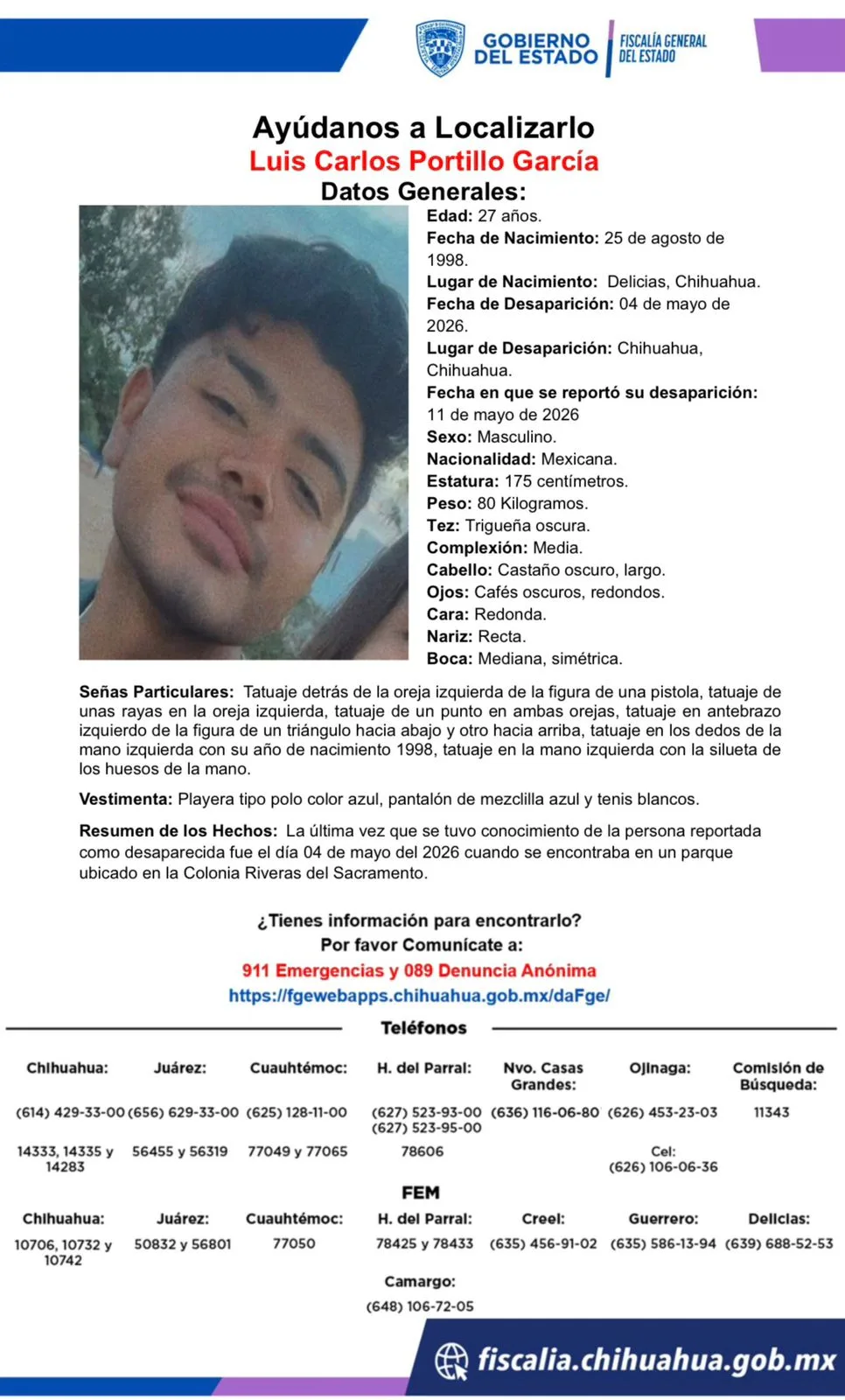 Buscan a Luis Carlos Portillo García, desaparecido en Chihuahua desde el 4 de mayo de 2026