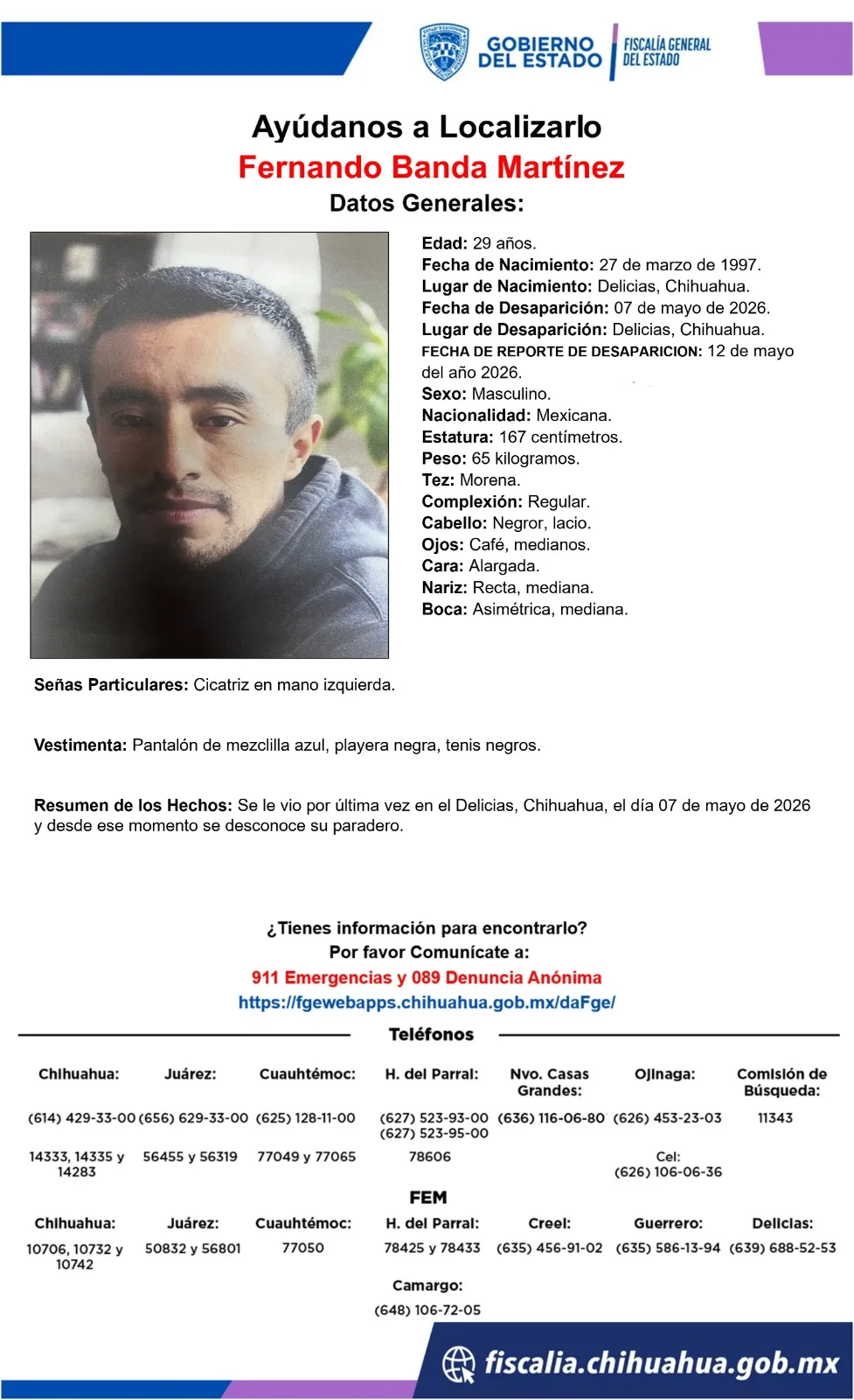 Buscan a Fernando Banda Martínez, desaparecido en Delicias, Chihuahua desde el 7 de mayo