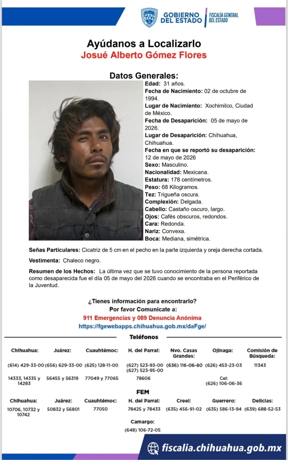 Buscan a Josué Alberto Gómez Flores, desaparecido en Chihuahua desde el 5 de mayo de 2026