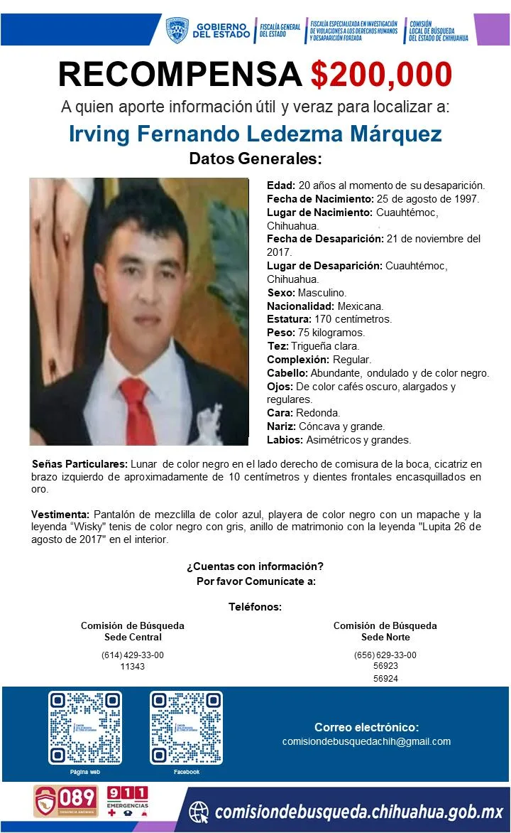 Ofrecen 200 mil pesos de recompensa por información sobre Irving Fernando Ledezma, desaparecido desde 2017 en Chihuahua - imagen 3