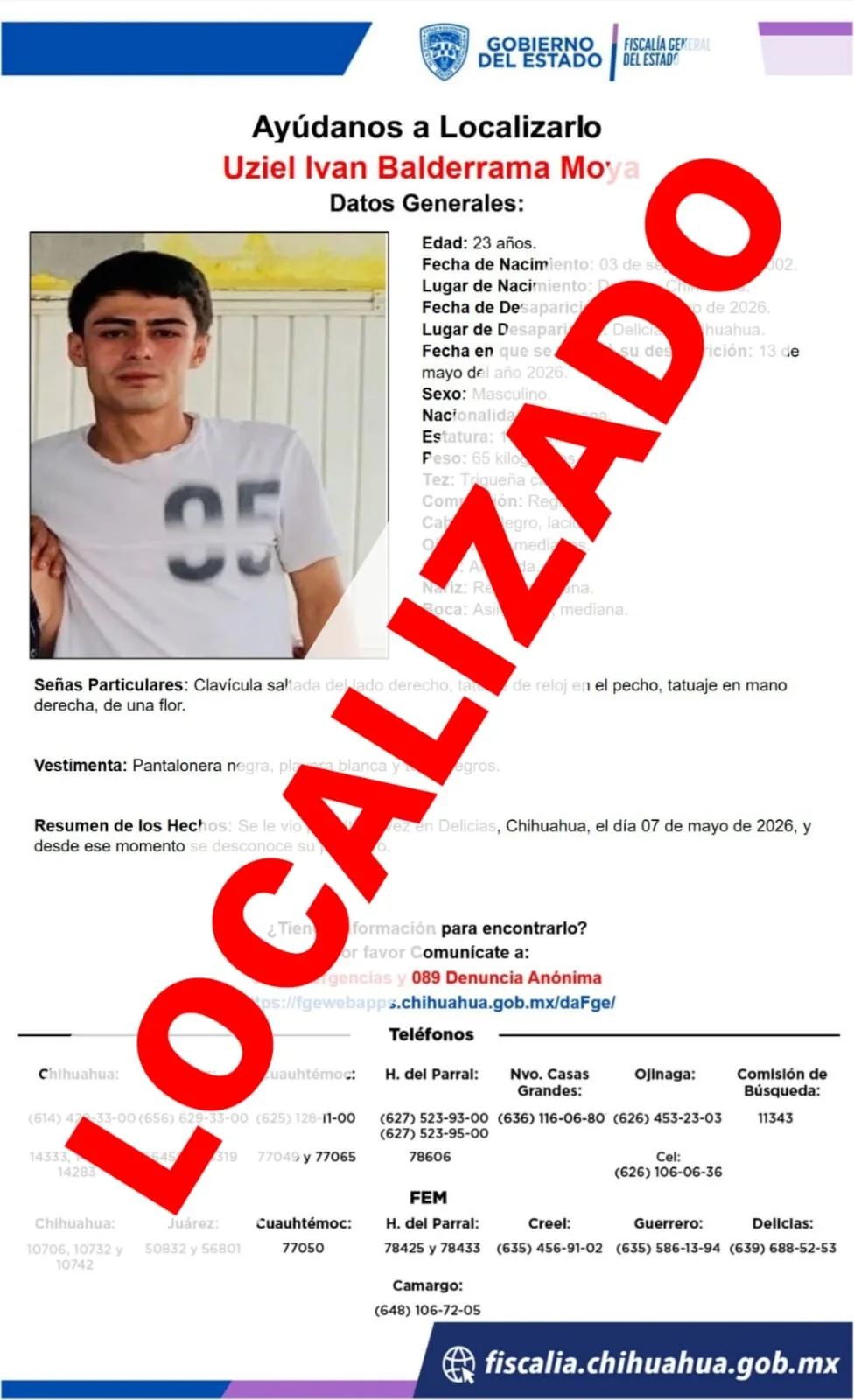 Fiscalía localiza a dos hombres reportados como ausentes en Delicias; ambos estaban sanos y salvos