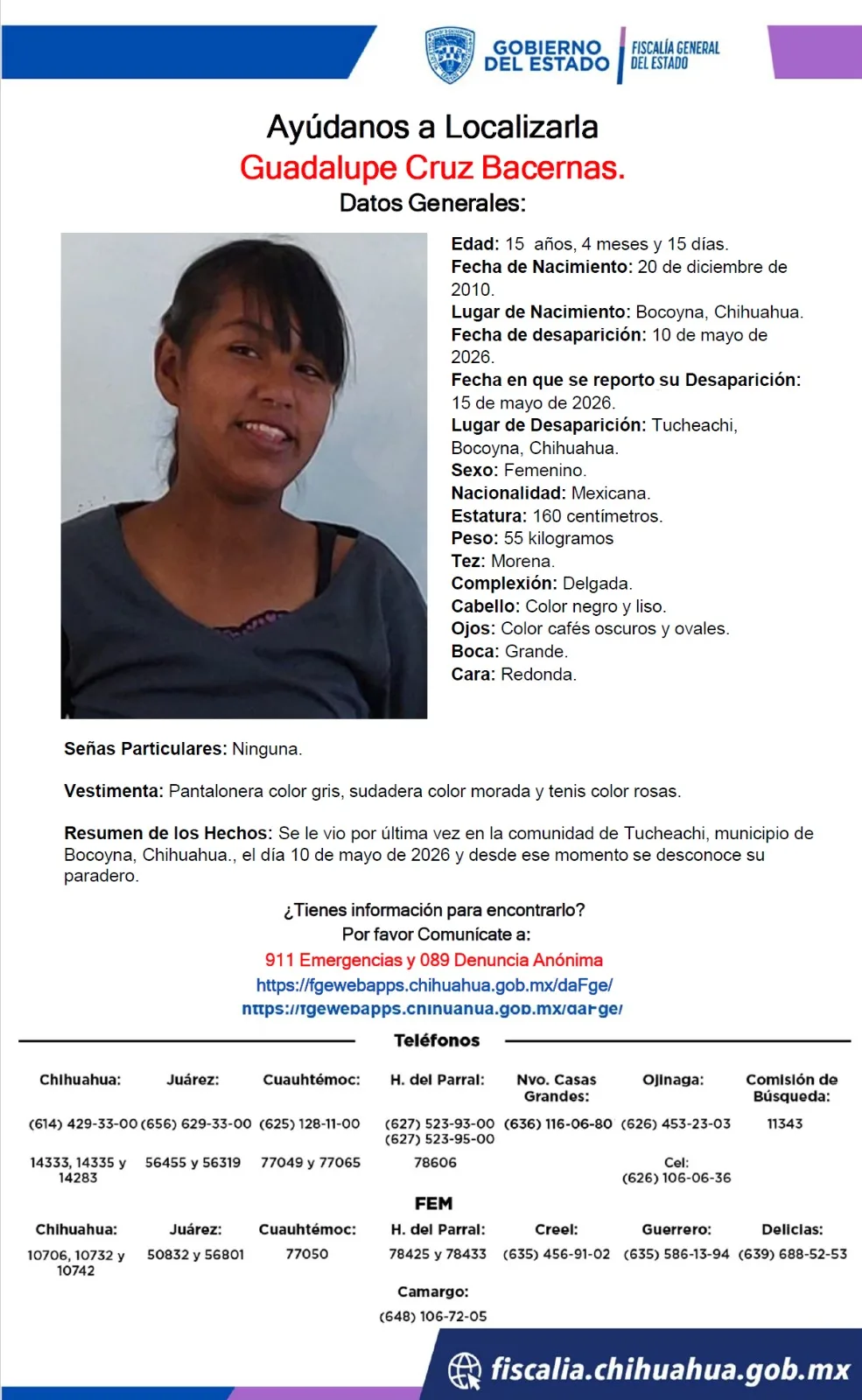 Buscan a Guadalupe Cruz Bacernas, menor de 15 años desaparecida en Bocoyna, Chihuahua