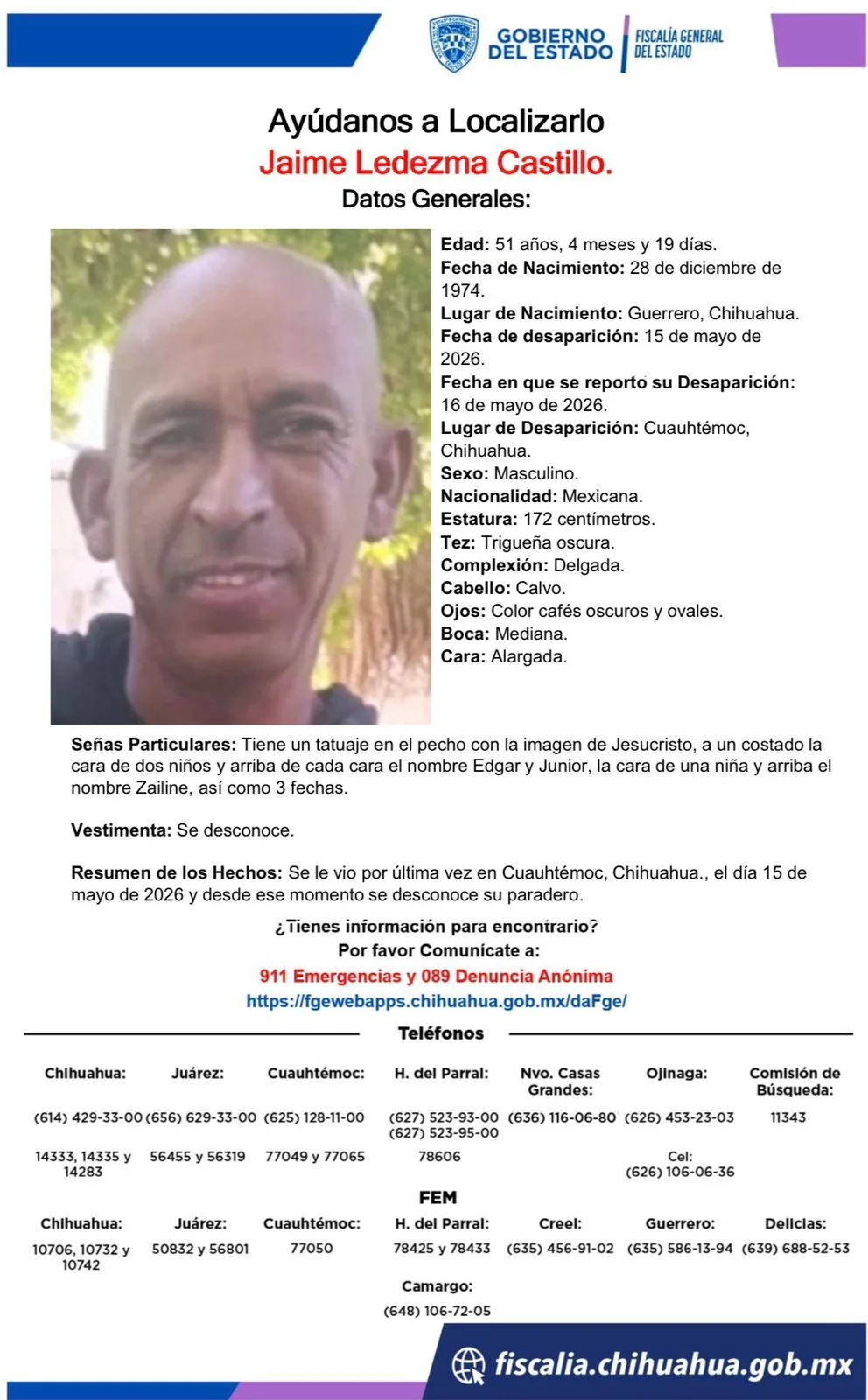 Buscan a Jaime Ledezma Castillo, desaparecido en Cuauhtémoc, Chihuahua desde el 15 de mayo de 2026