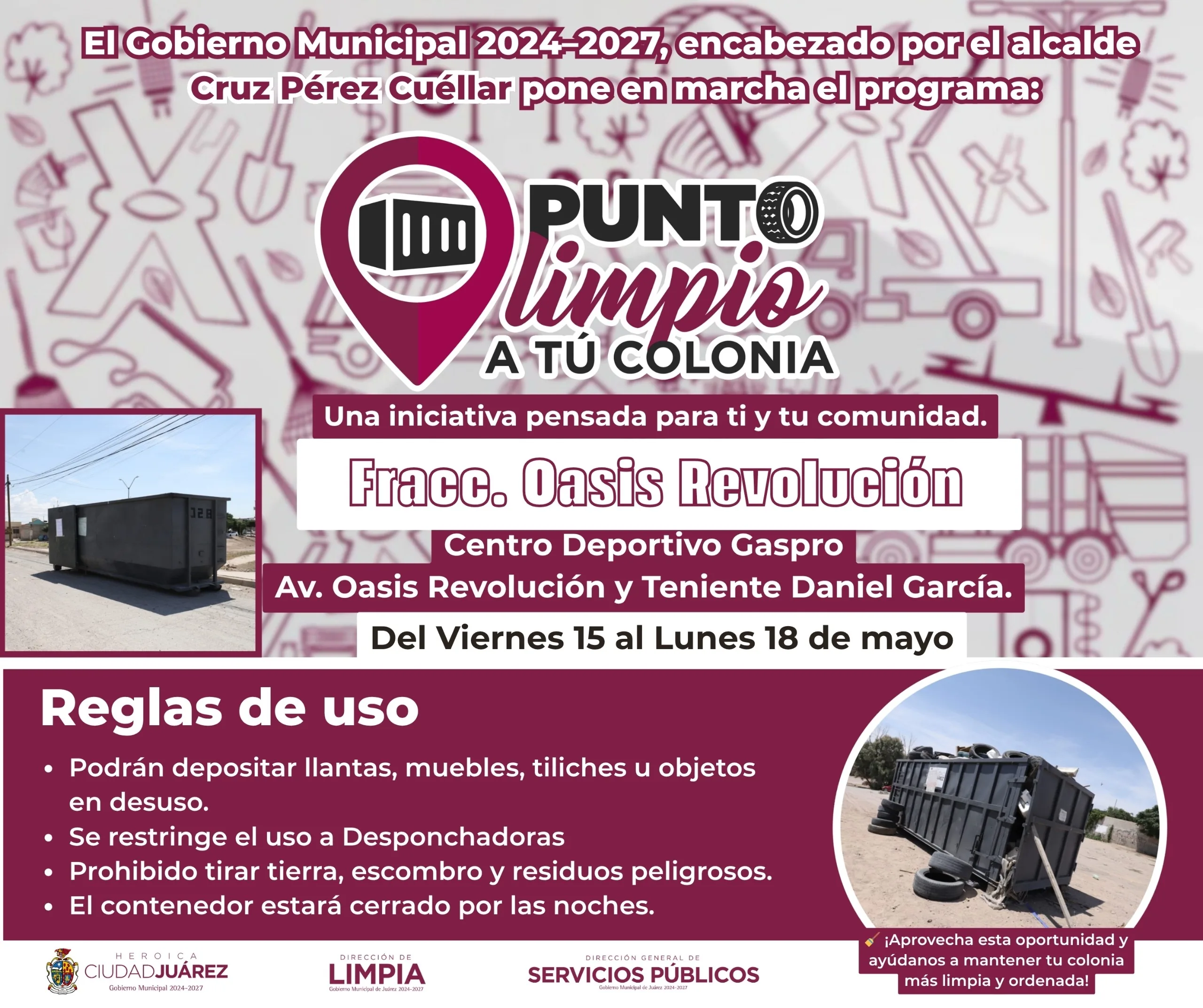 Ciudad Juárez instala contenedores de residuos voluminosos en cuatro colonias hasta el lunes 18 de mayo