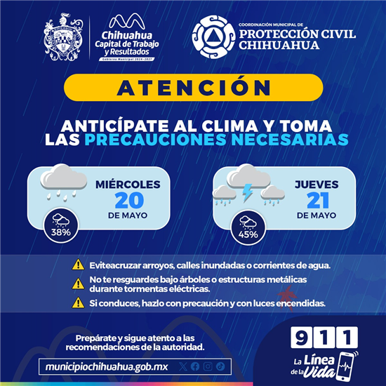 Protección Civil alerta por lluvias y tormentas eléctricas en Chihuahua capital este miércoles y jueves