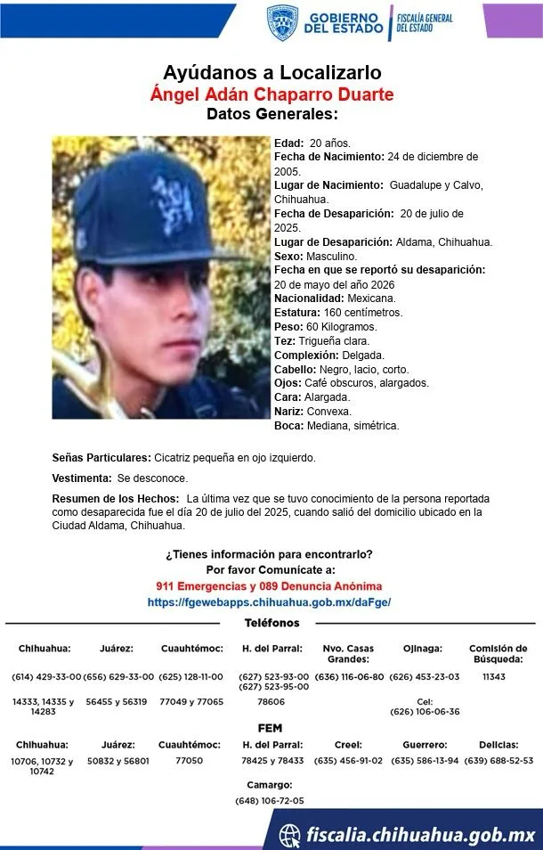 Buscan a Ángel Adán Chaparro Duarte, desaparecido en Aldama, Chihuahua desde julio de 2025