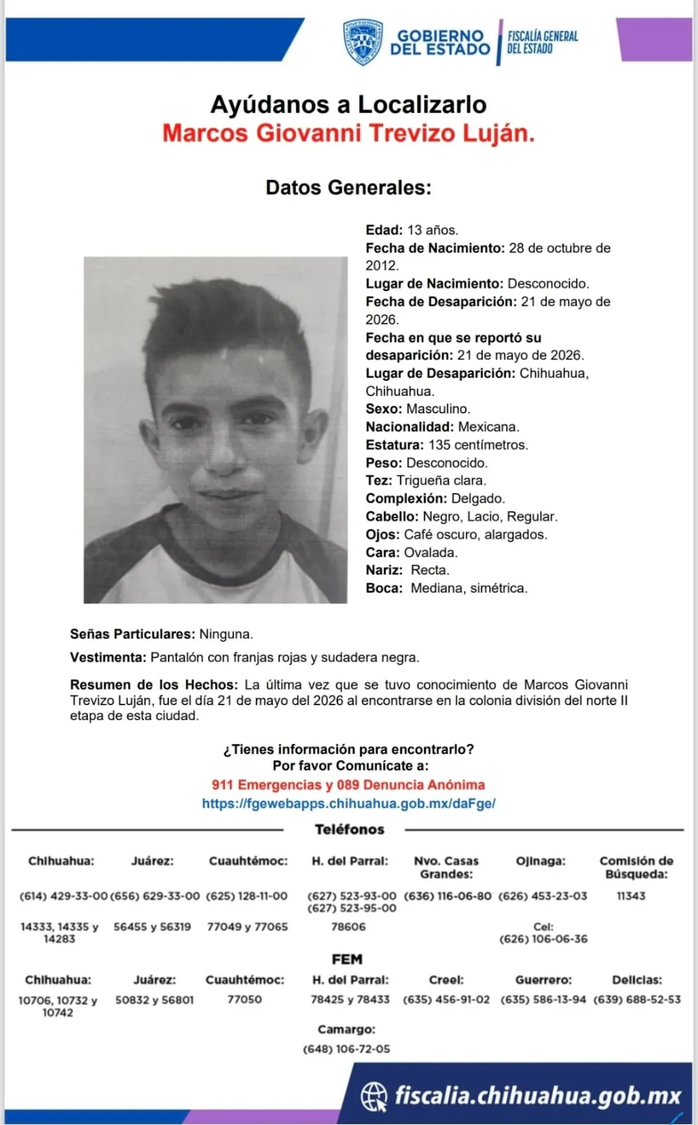Buscan a Marcos Giovanni Trevizo Luján, menor de 13 años desaparecido en Chihuahua