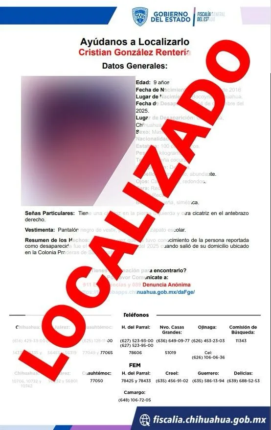 Fiscalía de Chihuahua localiza a dos niños y un adulto reportados como ausentes - imagen 1