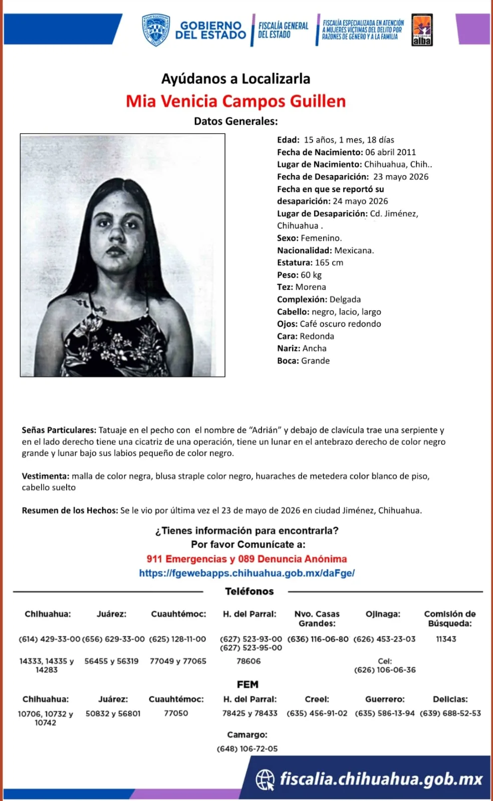 Buscan a Mia Venicia Campos Guillen, menor de 15 años desaparecida en Ciudad Jiménez, Chihuahua