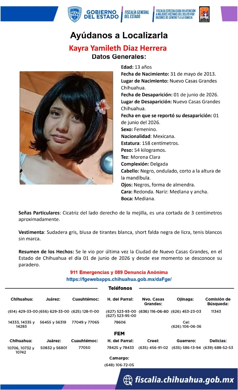 Buscan a Kayra Yamileth Díaz Herrera, adolescente desaparecida en Nuevo Casas Grandes, Chihuahua