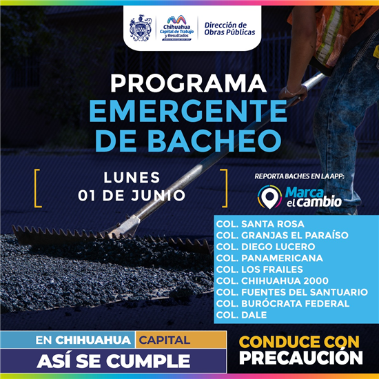 Municipio de Chihuahua realizará bacheo en nueve colonias este 1 de junio