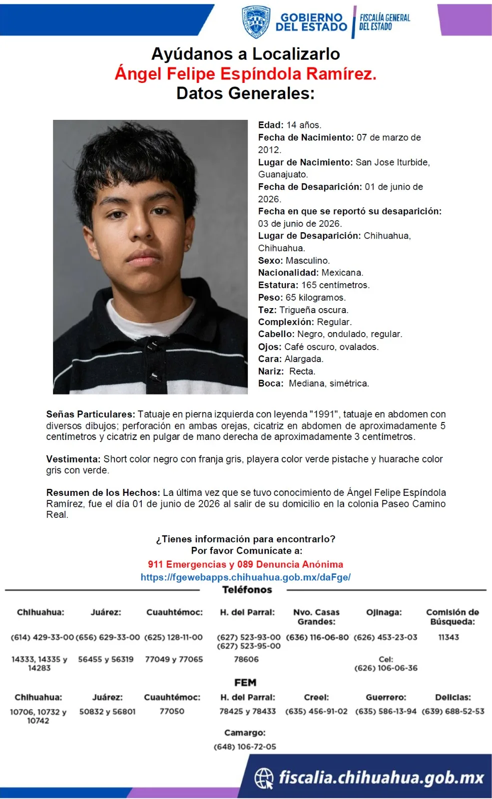 Buscan a Ángel Felipe Espíndola Ramírez, adolescente desaparecido en Chihuahua