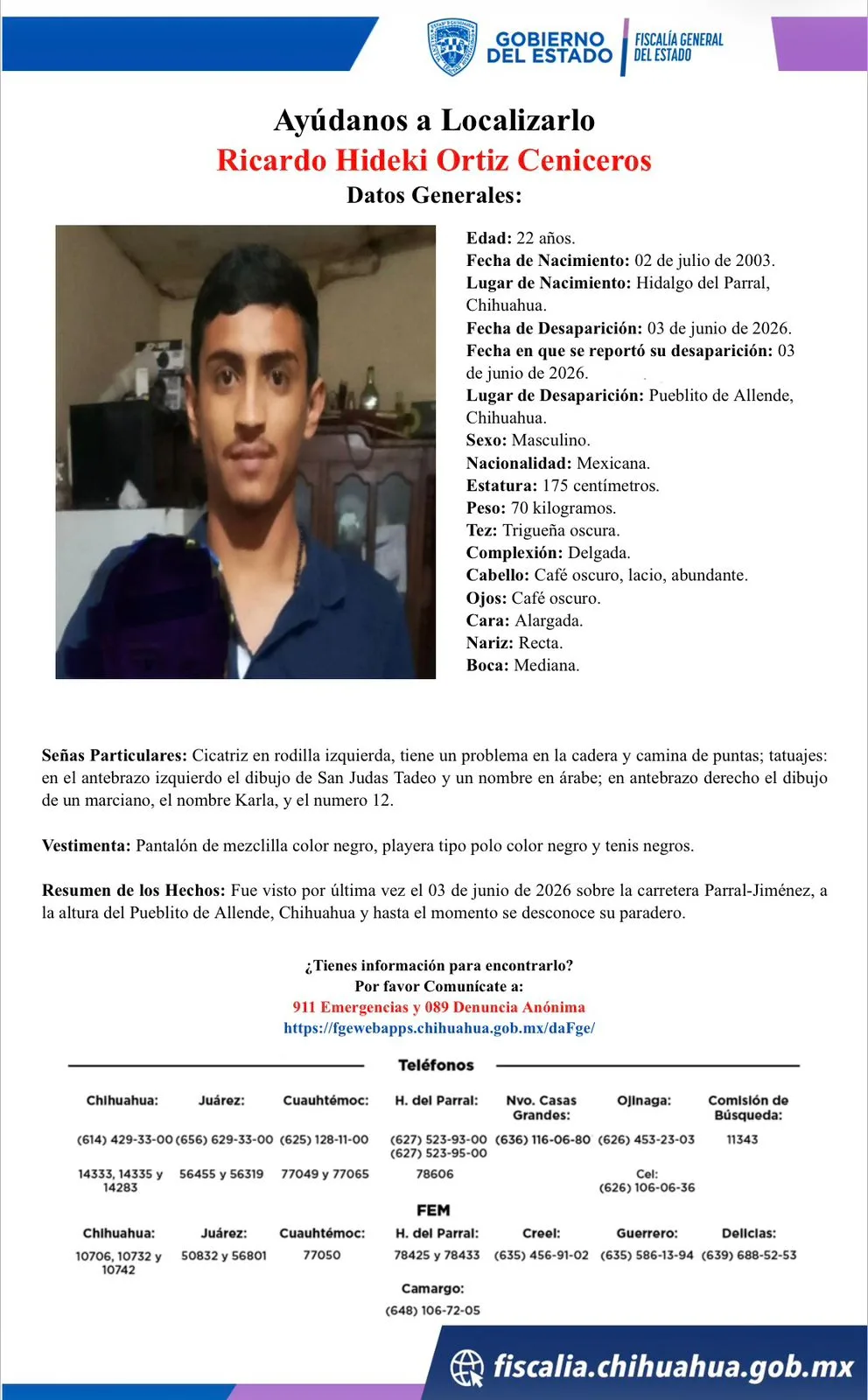 Buscan a Ricardo Hideki Ortiz Ceniceros, desaparecido en Pueblito de Allende, Chihuahua