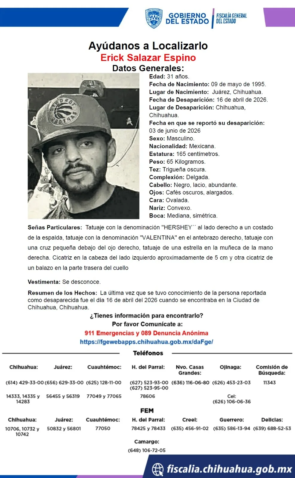 Buscan a Erick Salazar Espino, desaparecido en Chihuahua desde abril de 2026