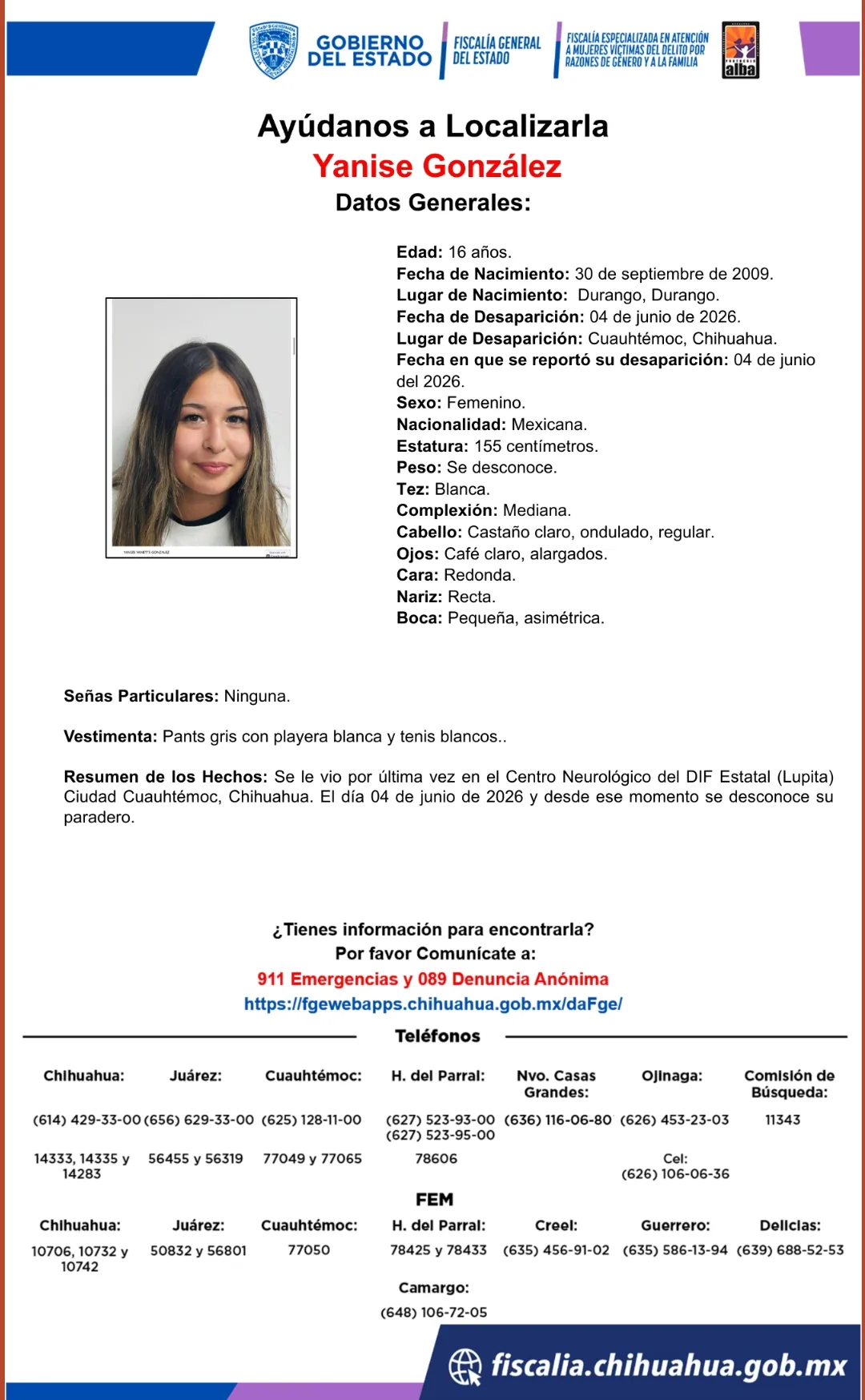 Buscan a Yanise González, adolescente de 16 años desaparecida en Cuauhtémoc, Chihuahua