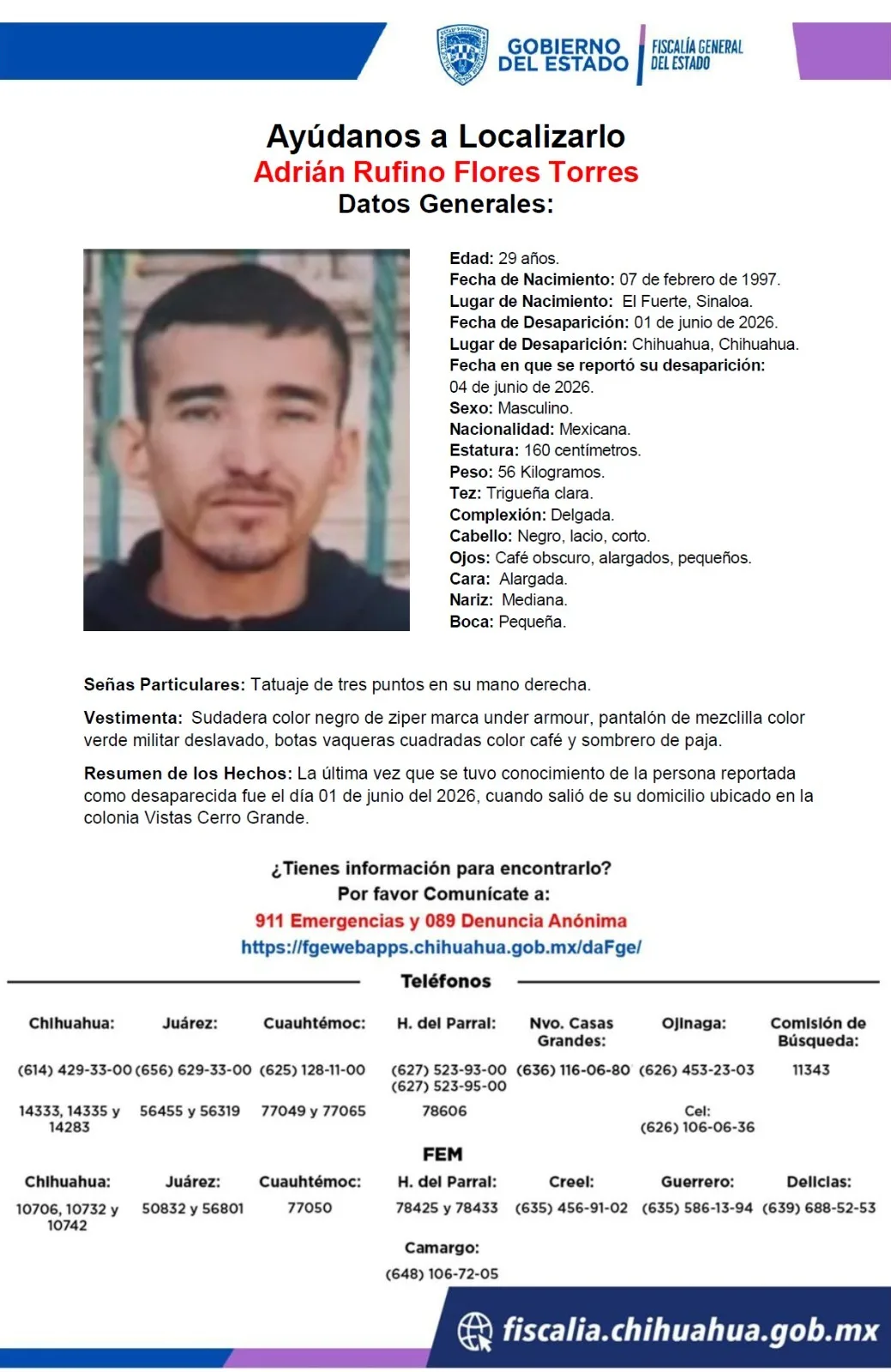 Buscan a Adrián Rufino Flores Torres, desaparecido en Chihuahua desde el 1 de junio