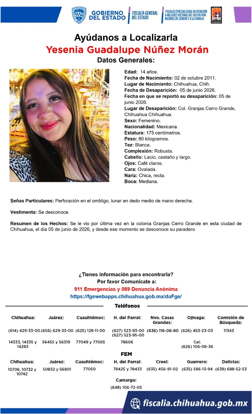 Buscan a Yesenia Guadalupe Núñez Morán, adolescente desaparecida en Chihuahua capital