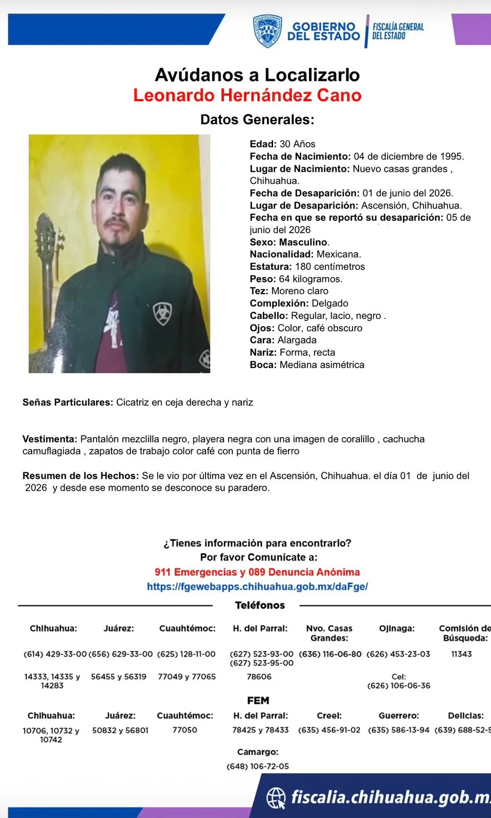 Buscan a Leonardo Hernández Cano, desaparecido en Ascensión, Chihuahua