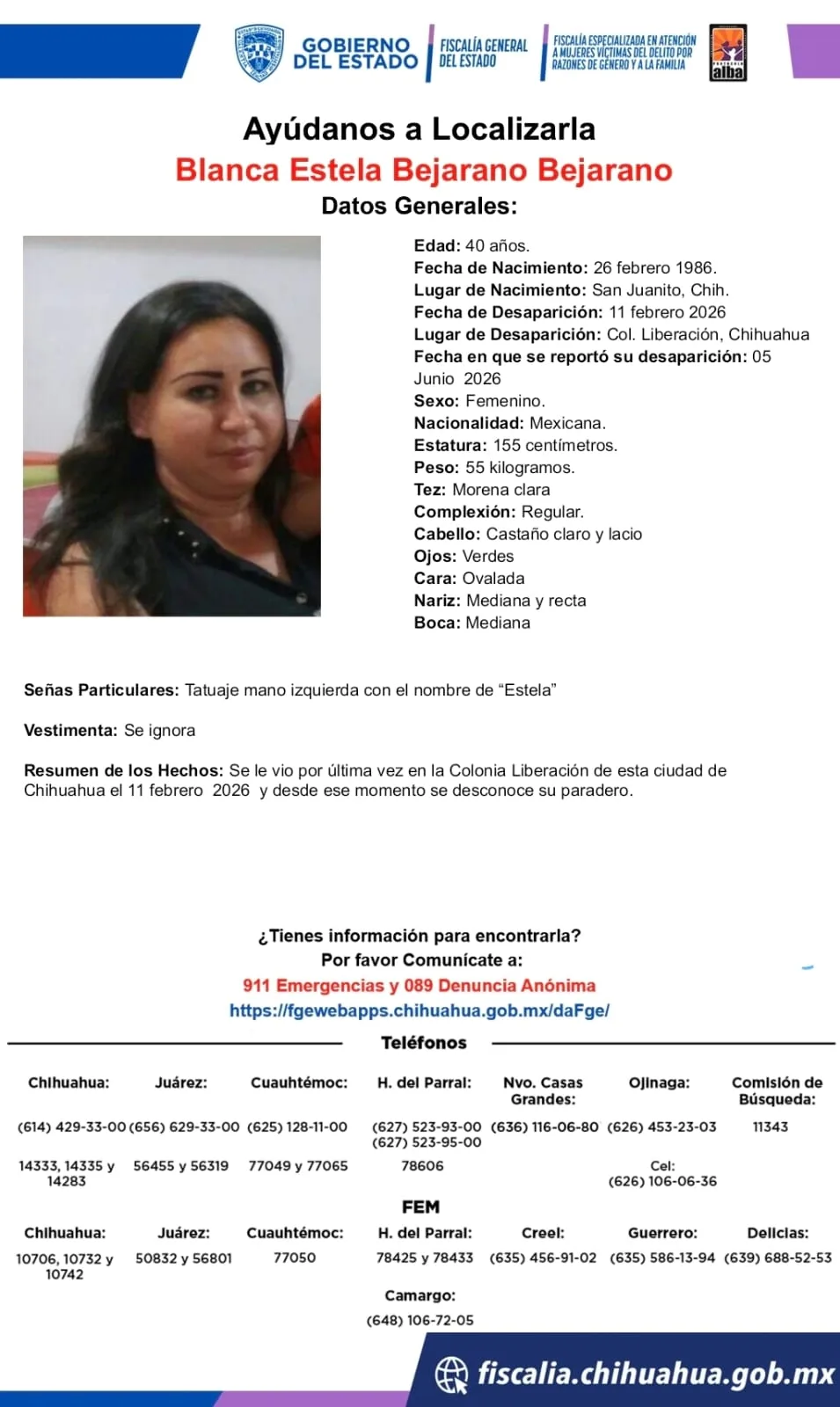 Buscan a Blanca Estela Bejarano Bejarano, desaparecida en Chihuahua desde febrero de 2026