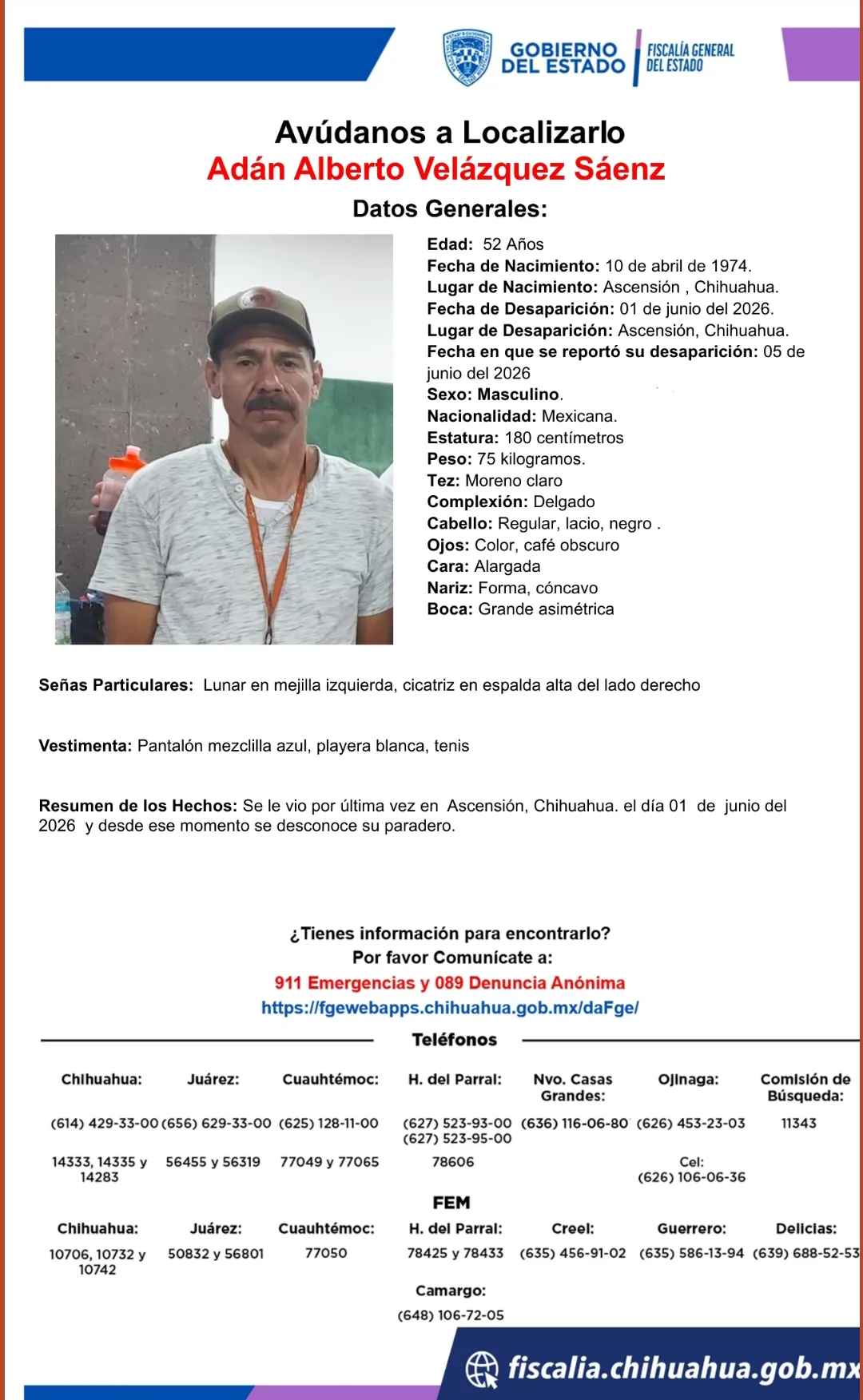 Buscan a Adán Alberto Velázquez Sáenz, desaparecido en Ascensión, Chihuahua