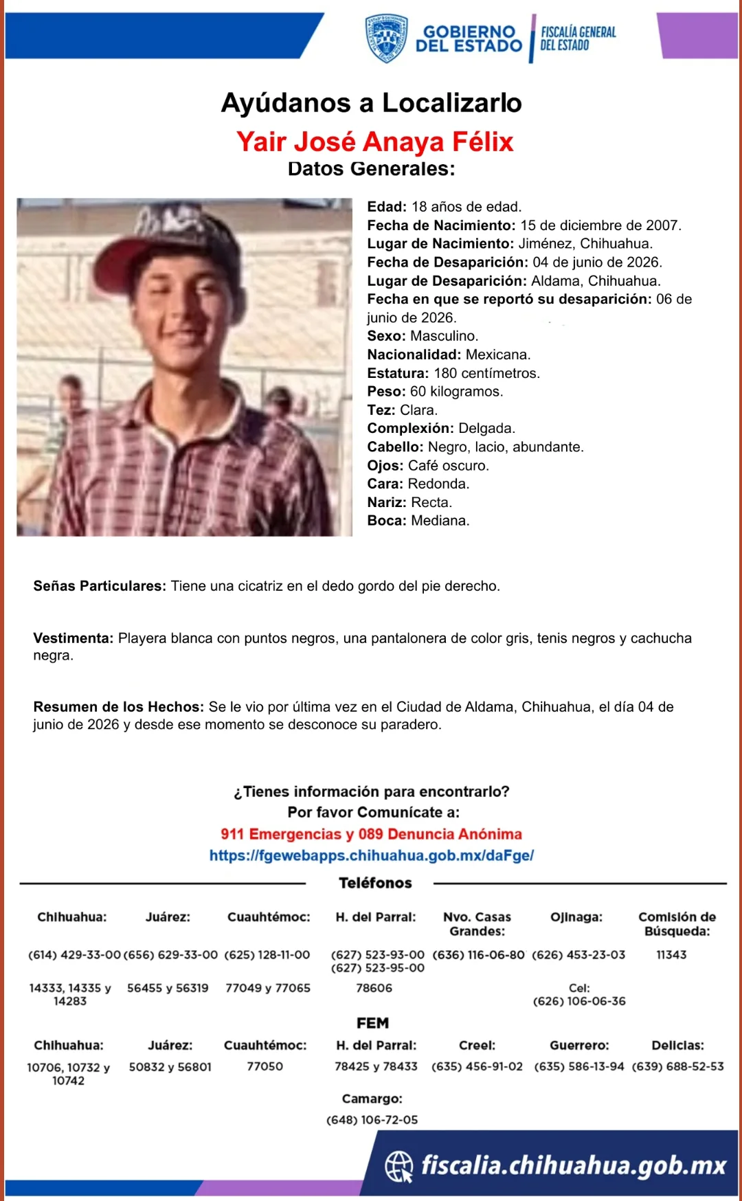 Buscan a Yair José Anaya Félix, desaparecido en Aldama, Chihuahua