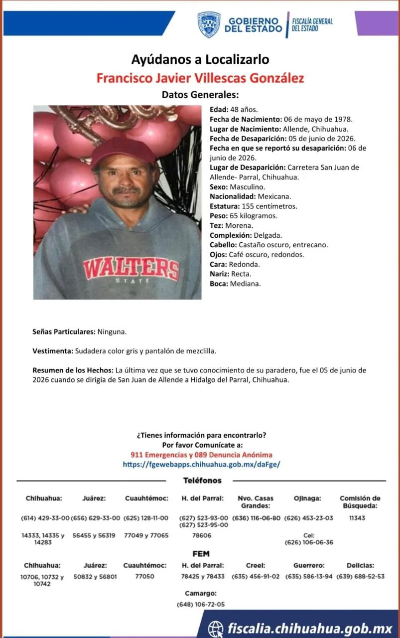 Buscan a Francisco Javier Villescas González, desaparecido en la carretera San Juan de Allende-Parral, Chihuahua