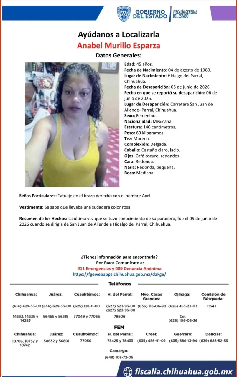 Buscan a Anabel Murillo Esparza, desaparecida en la carretera San Juan de Allende-Parral, Chihuahua