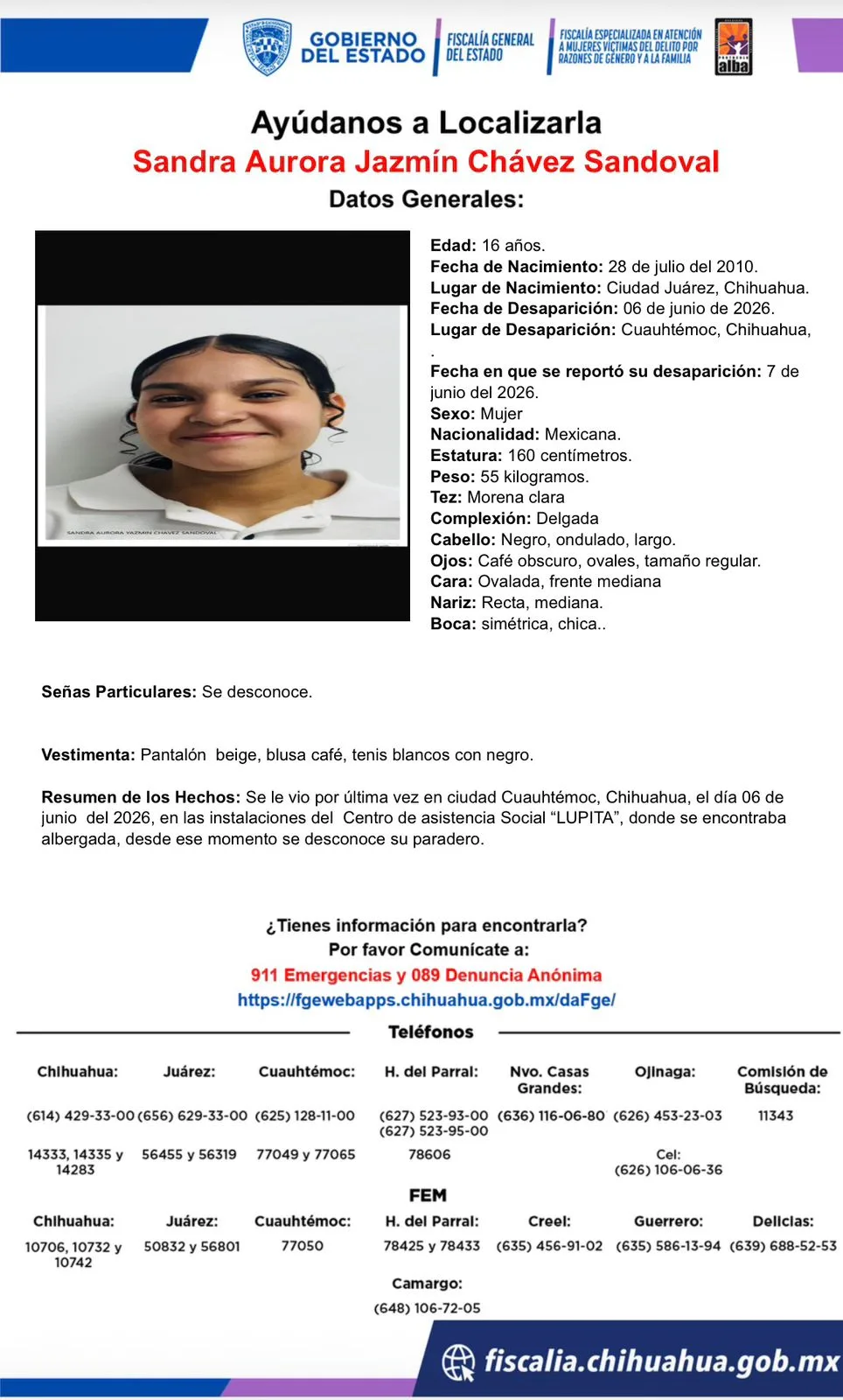 Buscan a Sandra Aurora Jazmín Chávez Sandoval, adolescente desaparecida en Cuauhtémoc, Chihuahua