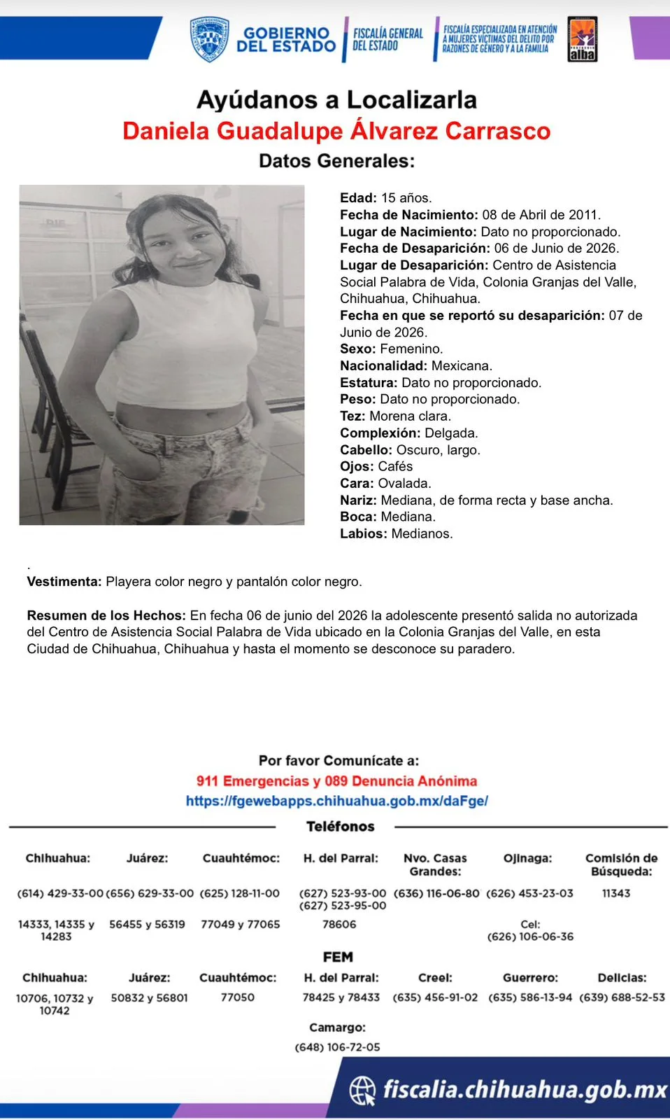 Buscan a Daniela Guadalupe Álvarez Carrasco, adolescente de 15 años desaparecida en Chihuahua