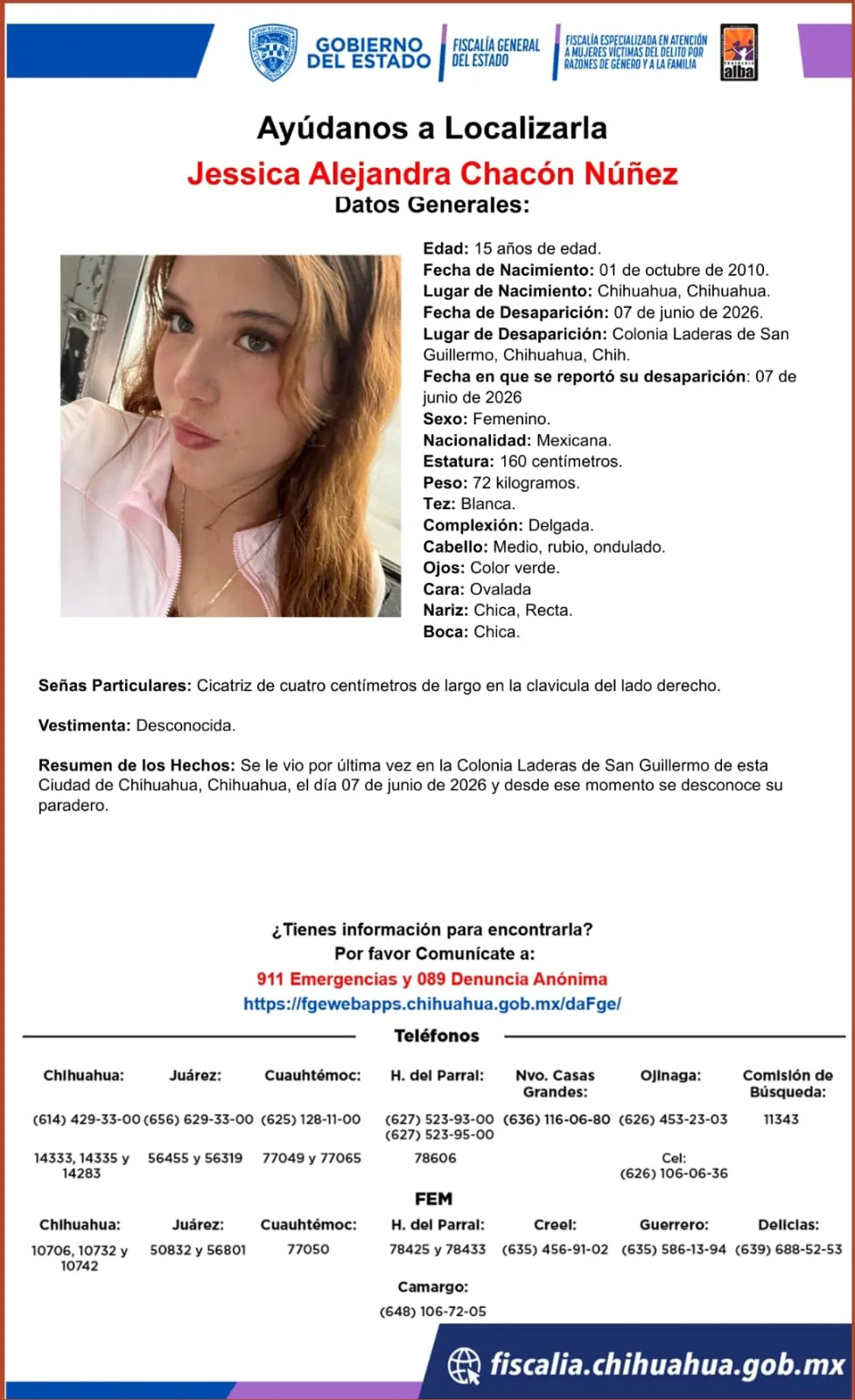 Buscan a Jessica Alejandra Chacón Núñez, adolescente desaparecida en la colonia Laderas de San Guillermo, Chihuahua