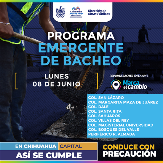 Municipio de Chihuahua realizará bacheo en nueve zonas este 8 de junio