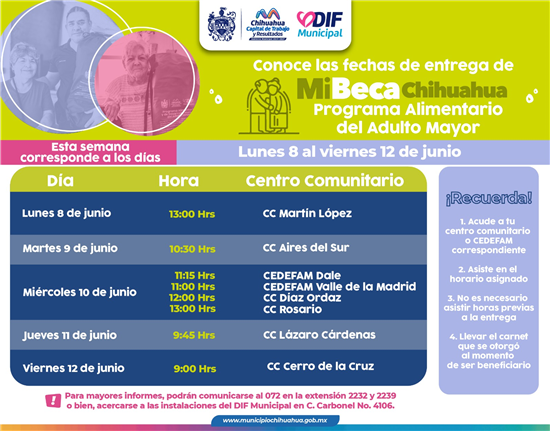 DIF Municipal de Chihuahua anuncia puntos y horarios para entrega del PAAM del 8 al 12 de junio