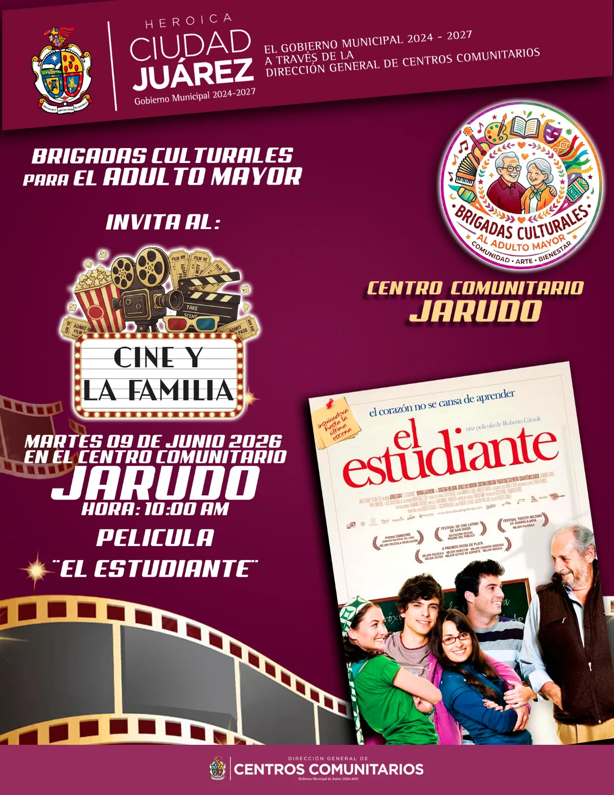 Adultos mayores podrán disfrutar de cine y convivencia en el Centro Comunitario Jarudo