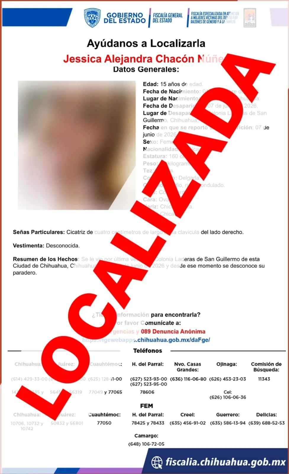 Localizan a adolescente con reporte de ausencia en la ciudad de Chihuahua