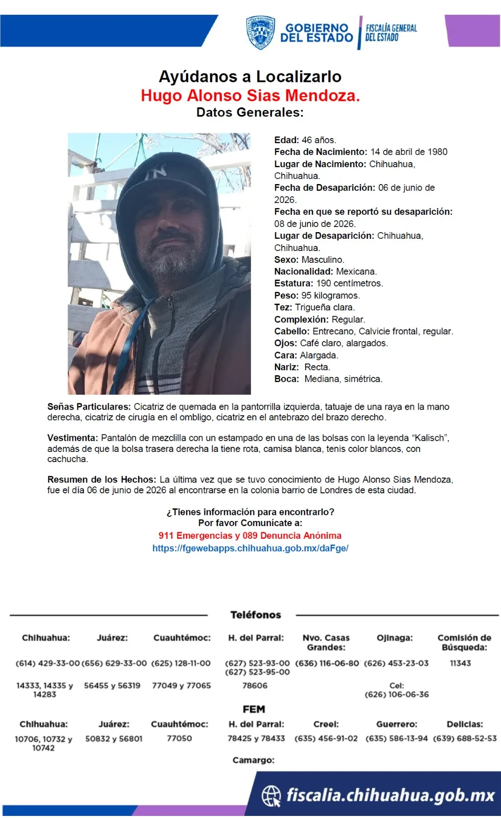 Buscan a Hugo Alonso Sias Mendoza, desaparecido en Chihuahua capital desde el 6 de junio