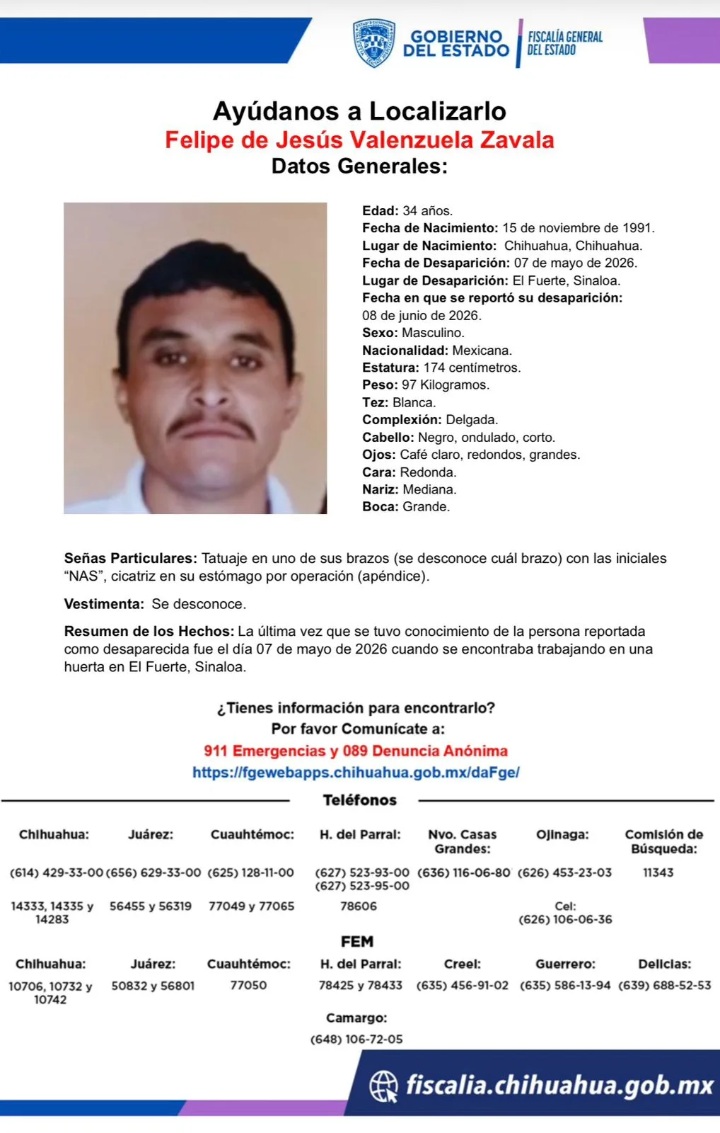 Buscan a Felipe de Jesús Valenzuela Zavala, desaparecido en El Fuerte, Sinaloa