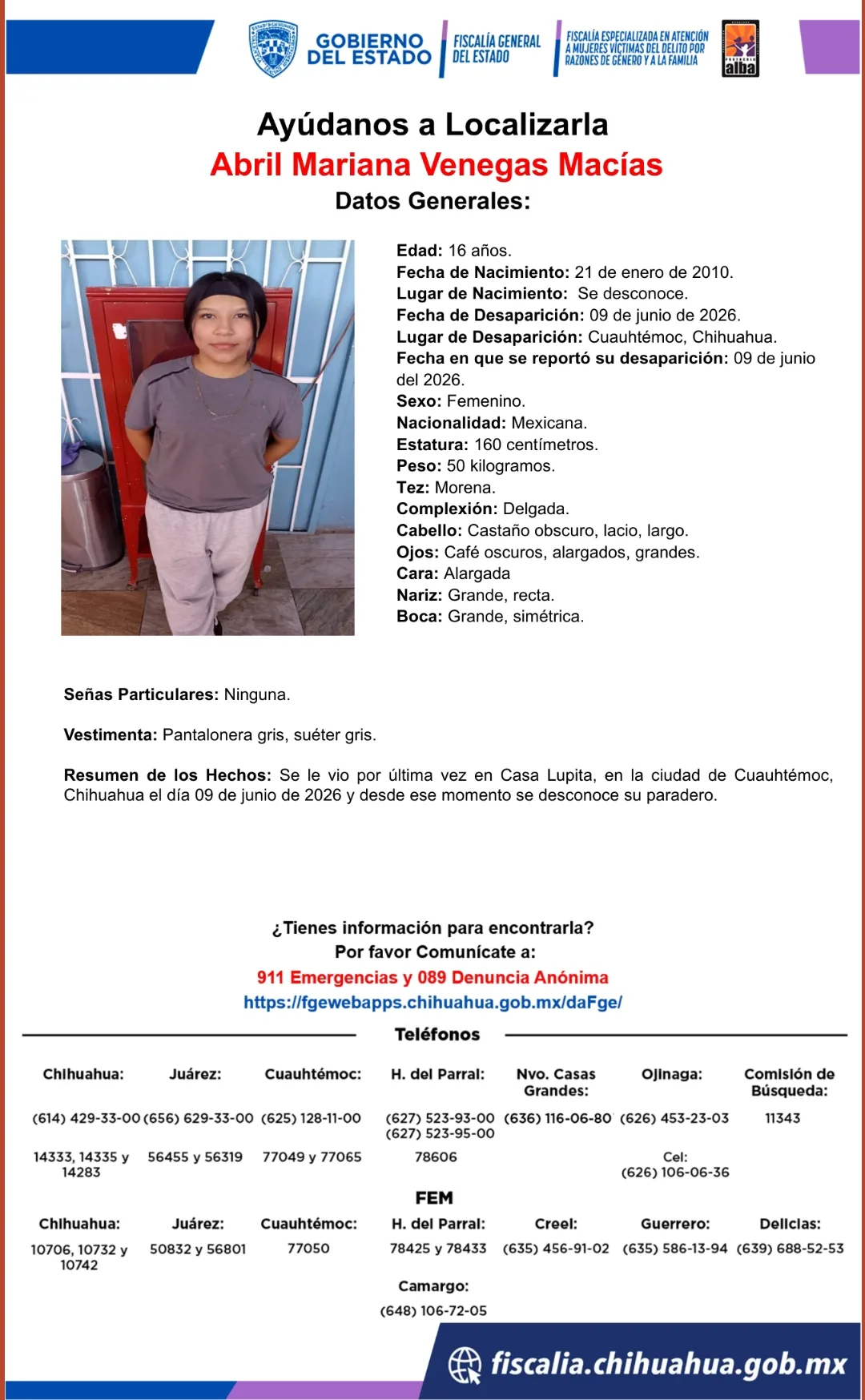 Buscan a Abril Mariana Venegas Macías, adolescente desaparecida en Cuauhtémoc, Chihuahua