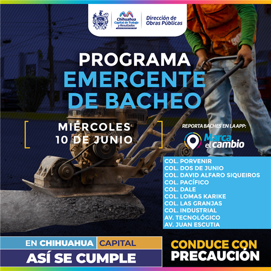 Municipio de Chihuahua realizará bacheo en diez zonas este 10 de junio