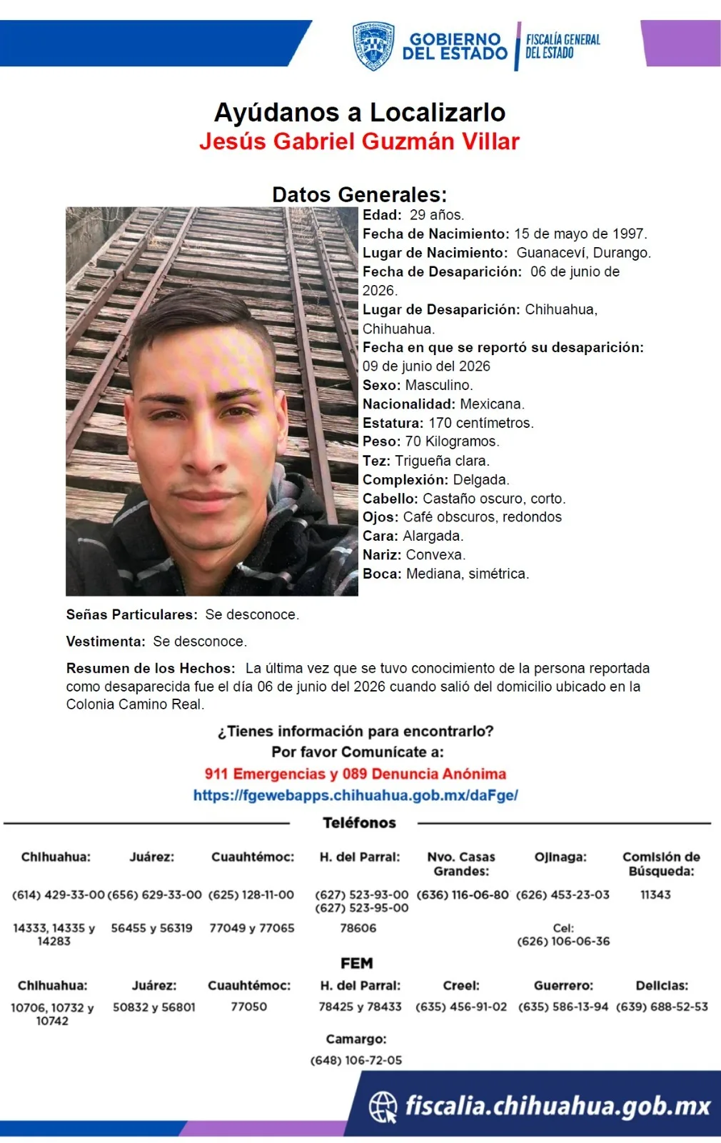 Buscan a Jesús Gabriel Guzmán Villar, desaparecido en Chihuahua desde el 6 de junio