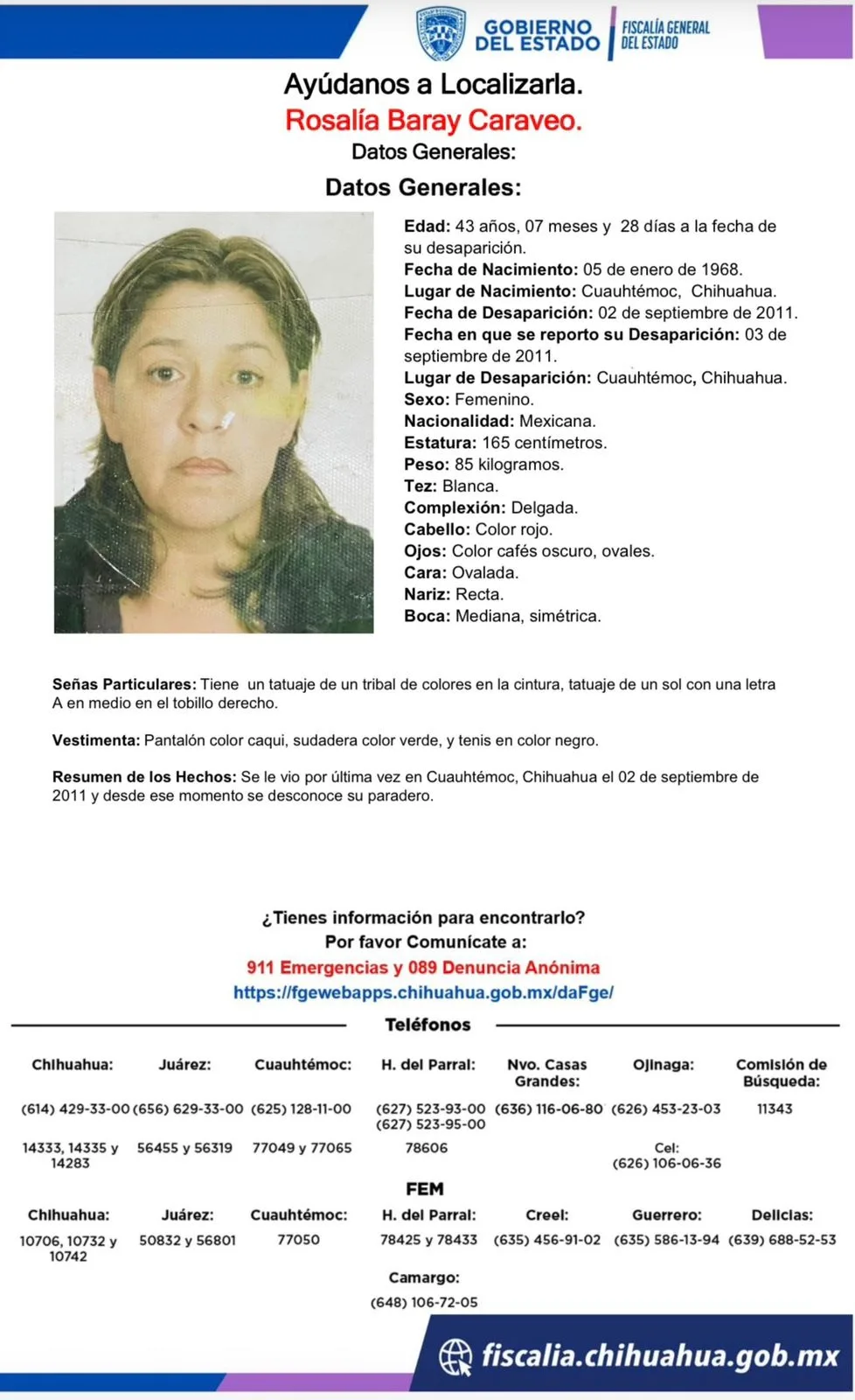 Buscan a Rosalía Baray Caraveo, desaparecida en Cuauhtémoc, Chihuahua desde 2011