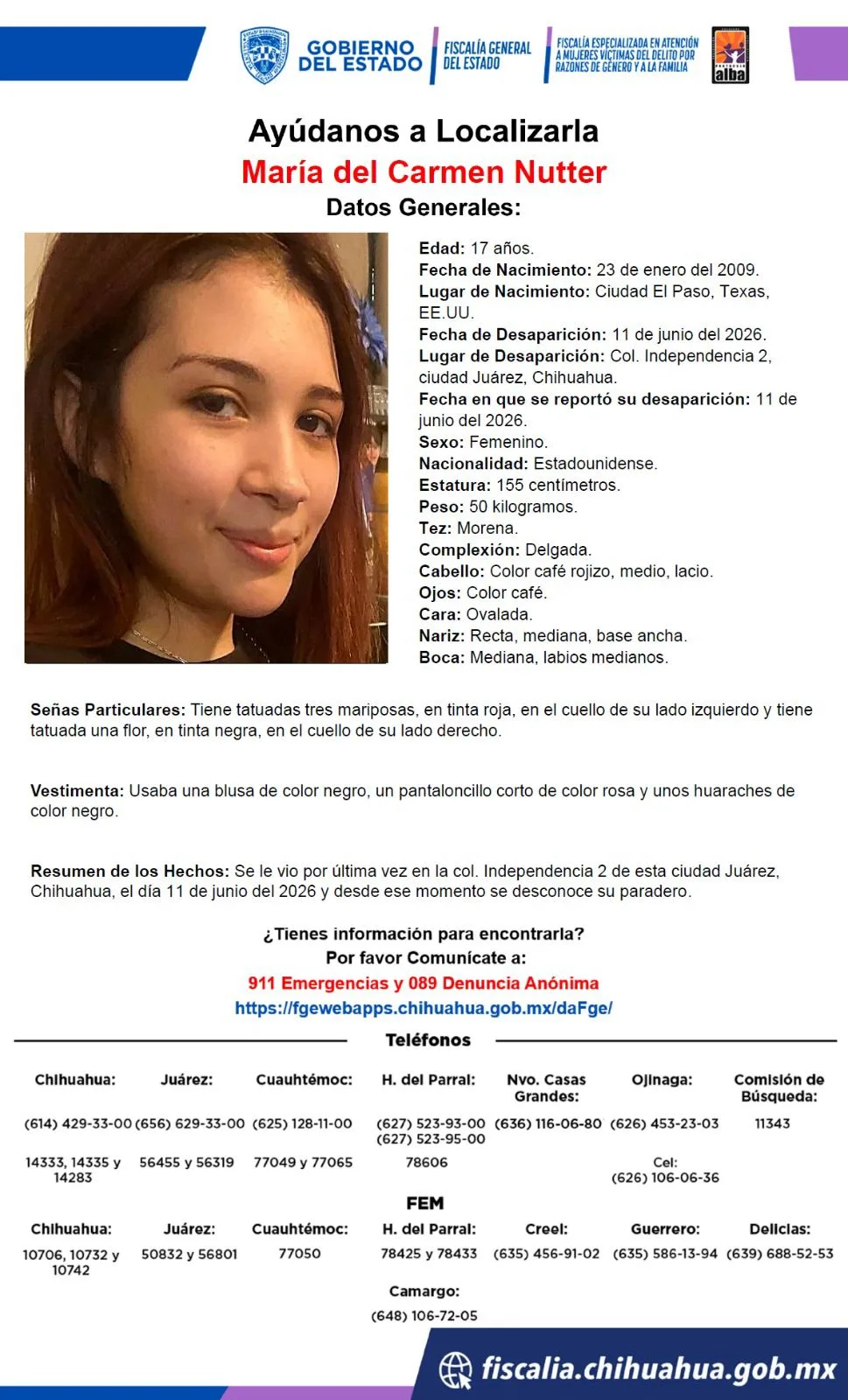 Buscan a María del Carmen Nutter, adolescente desaparecida en Ciudad Juárez, Chihuahua