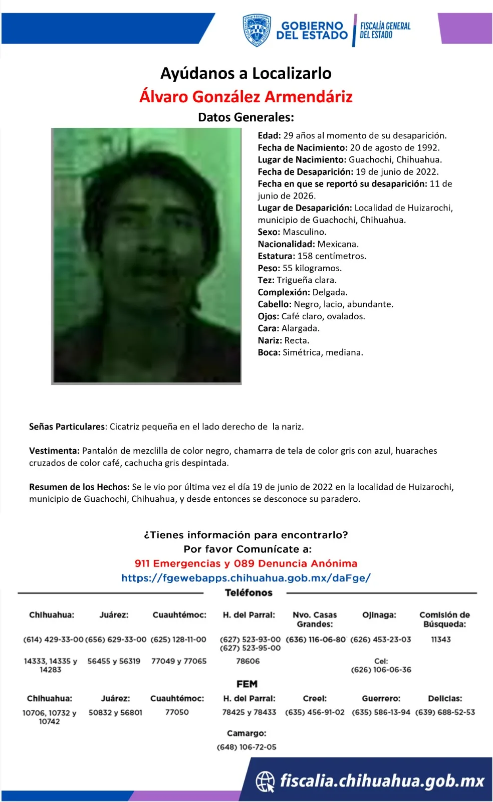 Buscan a Álvaro González Armendáriz, desaparecido en Huizarochi, Guachochi, Chihuahua