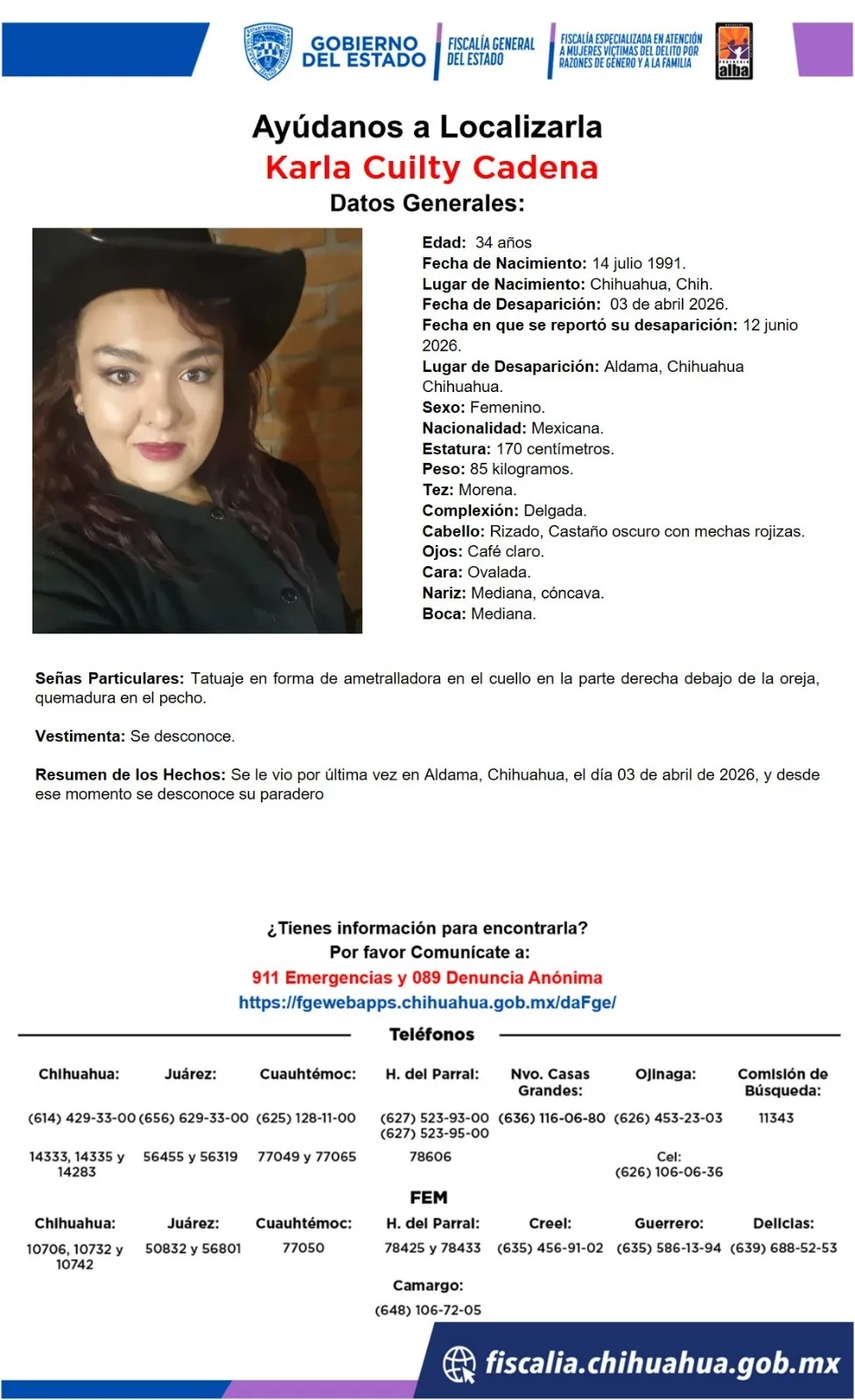 Buscan a Karla Cuilty Cadena, desaparecida en Aldama, Chihuahua