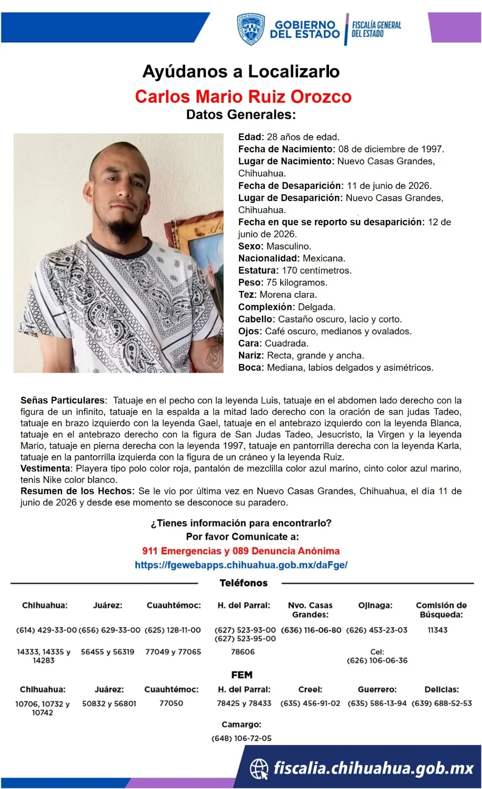 Buscan a Carlos Mario Ruiz Orozco, desaparecido en Nuevo Casas Grandes, Chihuahua