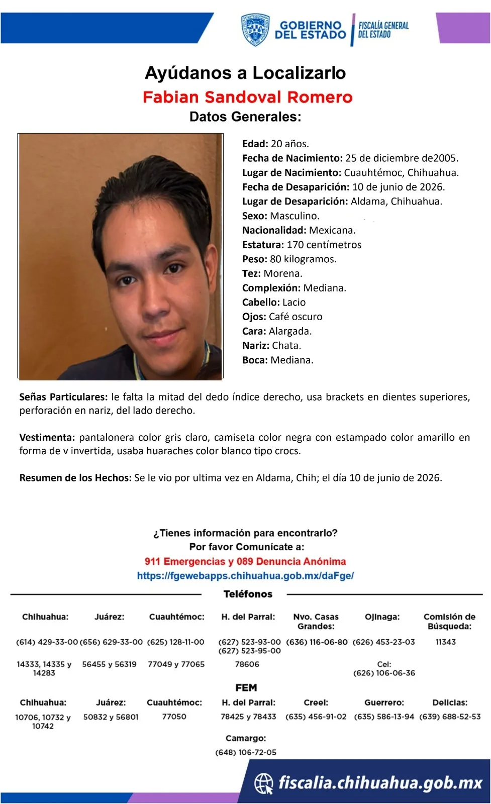 Buscan a Fabian Sandoval Romero, desaparecido en Aldama, Chihuahua